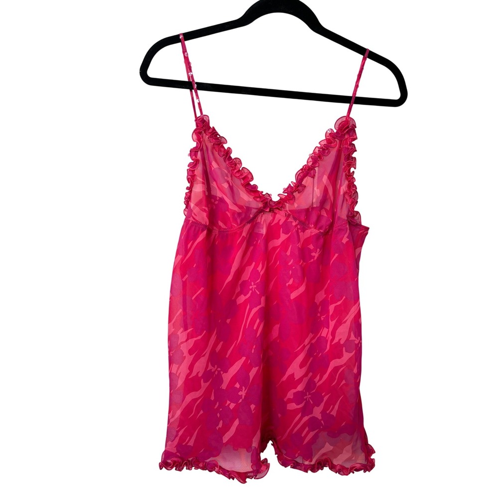 Y2K La Senza Pink Floral Zebra Print Sheer Mesh Ruffle Babydoll Camisole‎ Top L